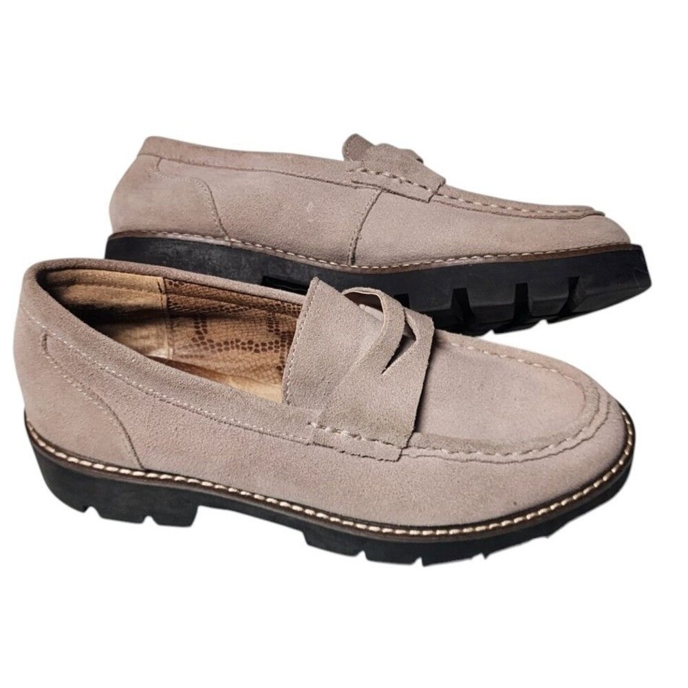 House of Harlow 1960 'Gunner' Suede Penny Loafer Taupe Size 8.5 Lug Sole